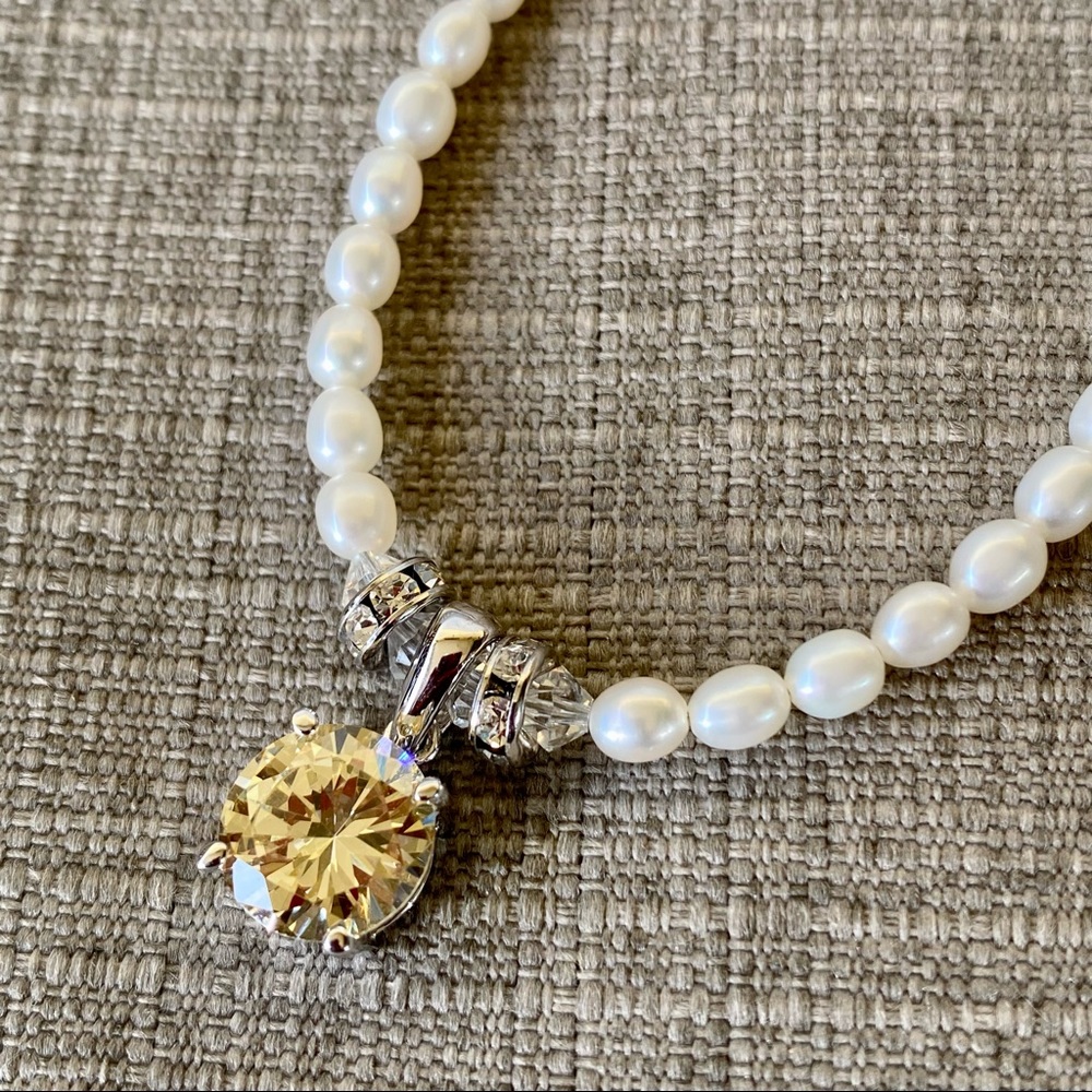 NWT Sterling Silver Citrine Color Crystal Pendant on Freshwater Pearl Necklace